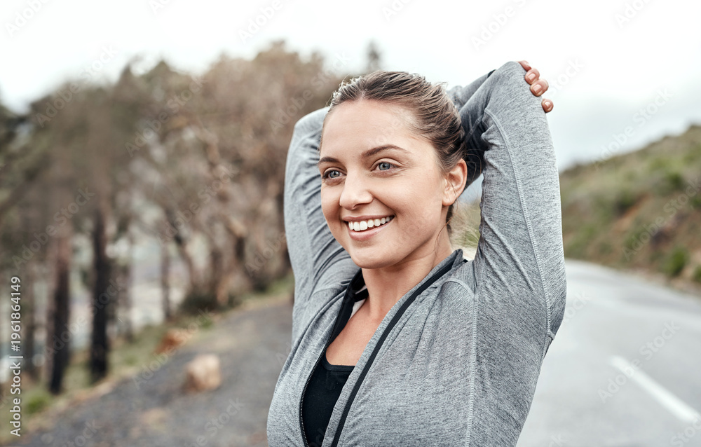 Fototapeta premium Fitness, woman and thinking with stretching in road to start exercise, muscle preparation and wellness. Athlete, happy person and arm warm up outdoor for cardio, getting ready and workout reflection