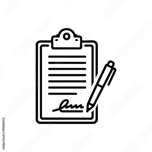 Government contract document with signature and pen black and white vector icon