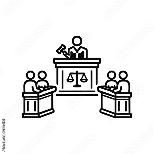 Government court hearing with judge jury and lawyers black and white line vector icon