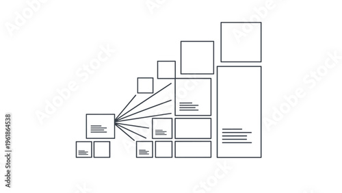 Dynamic hierarchy represented by progressively larger connected squares, illustrating organizational structure, data growth, and a scalable system framework.