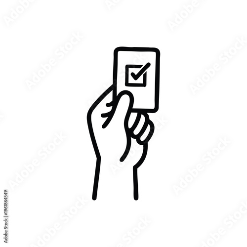 Hand holding voting card with check mark black and white vector illustration for elections and government participation