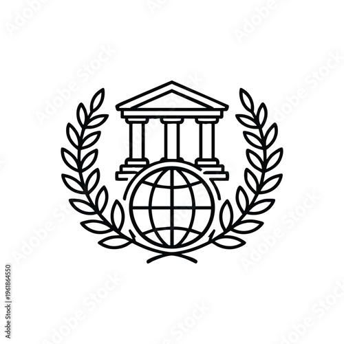 International government institution icon with globe laurel wreath and classical building black and white vector illustration
