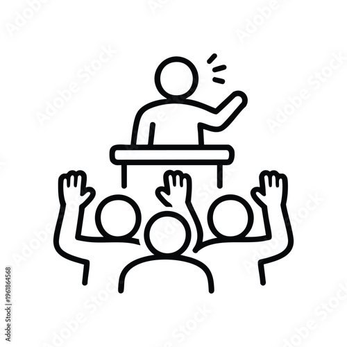 Government public speech icon black and white line art of politician speaking to voting audience with raised hands