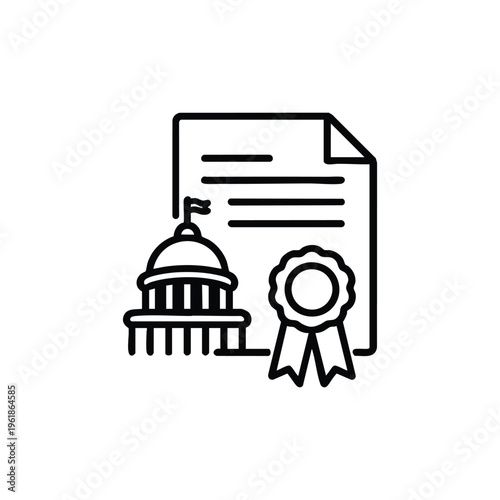 Government certificate and official document with capitol building black and white line icon vector illustration