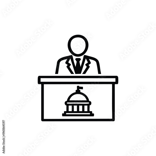 Government official at podium black and white vector icon of politician giving speech in parliament or congress