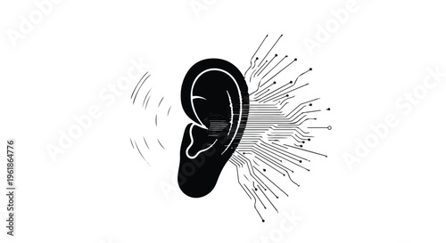 Digital ear receiving sound waves, symbolizing hearing technology and innovation