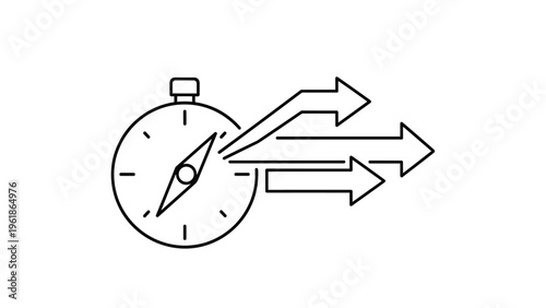 Dynamic compass with an arrow pointing towards a central direction, surrounded by multiple diverging arrows, symbolizing strategic choices and diverse paths.