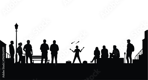 Street performer entertains a diverse crowd with juggling in a lively urban scene.