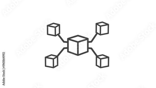 Central cube connected to four surrounding smaller cubes, illustrating a hub-and-spoke model, data distribution, or a decentralized network structure.