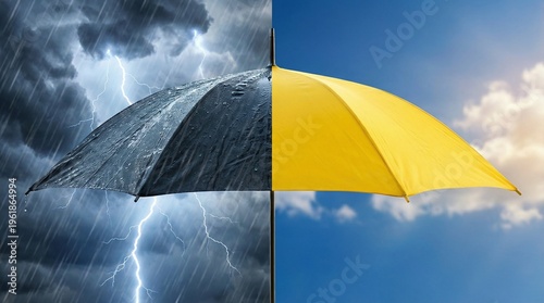 Umbrella shielding from storm contrasts with sunny clear sky