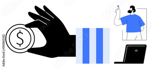 Finance, digital payments, investment, modern business, technology, economy. Black hand with coin, person at laptop blue stripes. Finance and digital payments concept