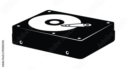 A black and white depiction of a computer hard drive silhouette