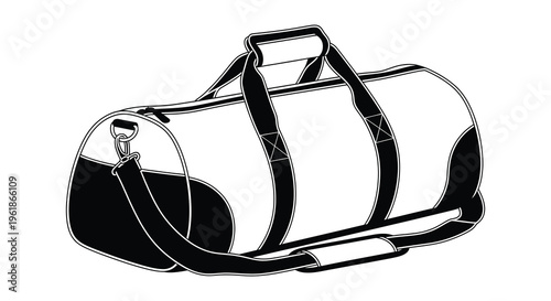 Black and white duffel bag illustration with a distinct silhouette