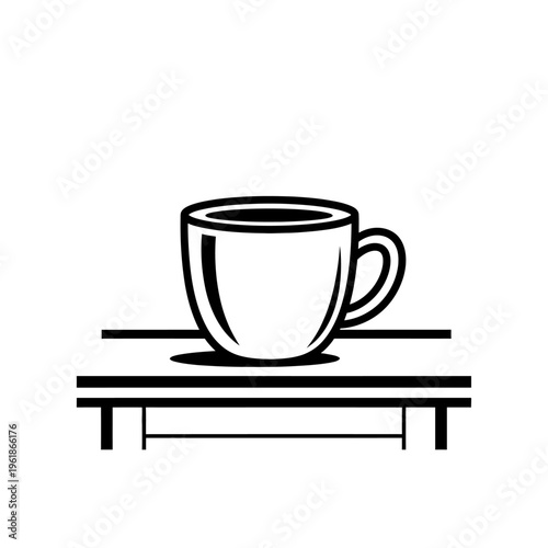 A simple black and white illustration of a coffee cup sitting on a shelf or table with shadows beneath