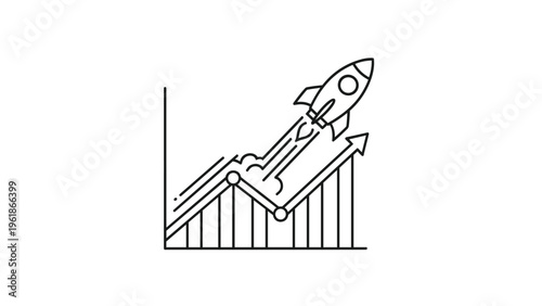 Dynamic line graph visually demonstrates significant market growth with a rocket launching from its trajectory, symbolizing rapid business expansion and innovation.
