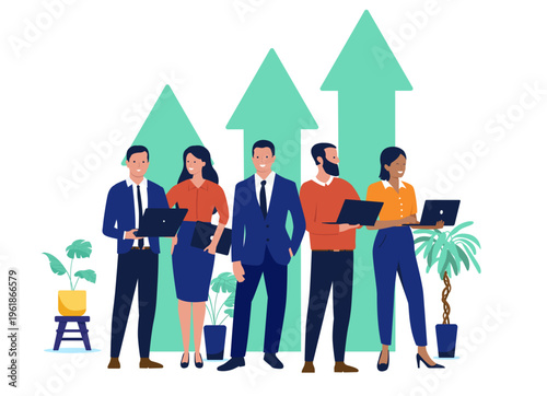 Diverse business team with laptops standing before rising green arrows, corporate growth, collective success and company progress, flat design vector illustration