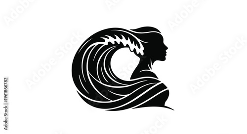 Silhouette of a woman with flowing hair transforming into a powerful ocean wave.
