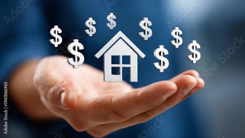 Financial Sanctuary: A hand cradles a house icon, symbolizing the security of real estate amidst a shower of dollar signs, reflecting the value of property and financial stability.
