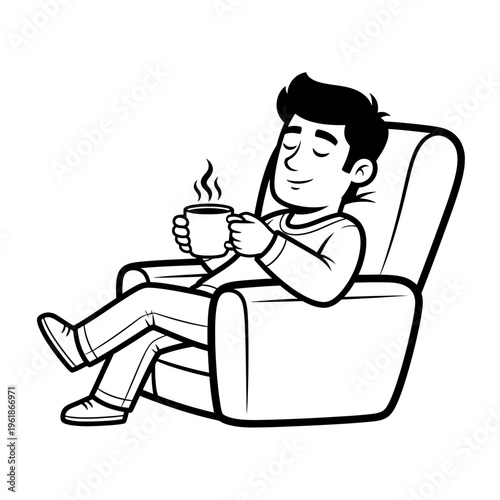 Relaxed man sitting in an armchair, holding a steaming cup of coffee and enjoying a moment of peace