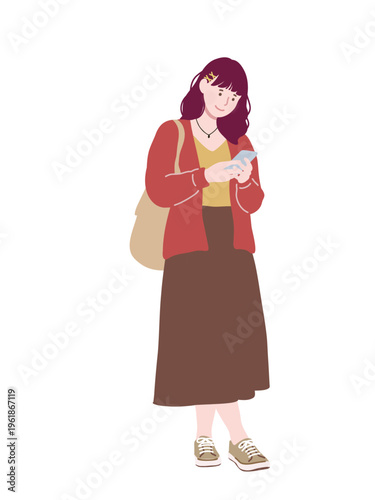 フラットイラスト　スマホを見てる若い女性　待ち合わせ・検索・SNS