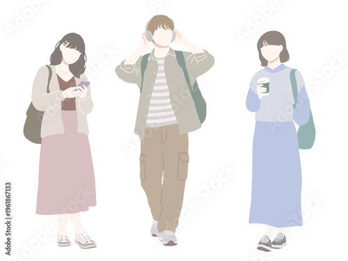 フラットイラスト　カジュアルファッションの若者　表情無し　スマホ・ドリンク・ヘッドホン・趣味・