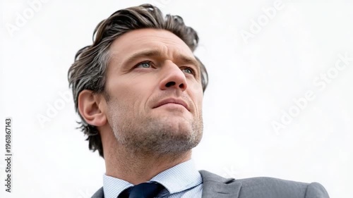 A Vision of Determination: A confident man in a formal suit gazes upwards with a look of purpose, embodying ambition and drive.