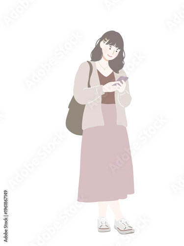 フラットイラスト　スマホを見てる若い女性　待ち合わせ・検索　淡色