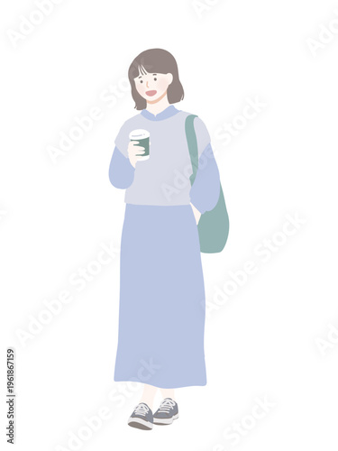 フラットイラスト　ドリンクを持っている若い女性　淡色