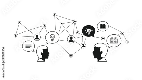 Interconnected network illustrates a collaborative idea exchange between two human head silhouettes with speech bubbles, symbolizing knowledge sharing and teamwork.