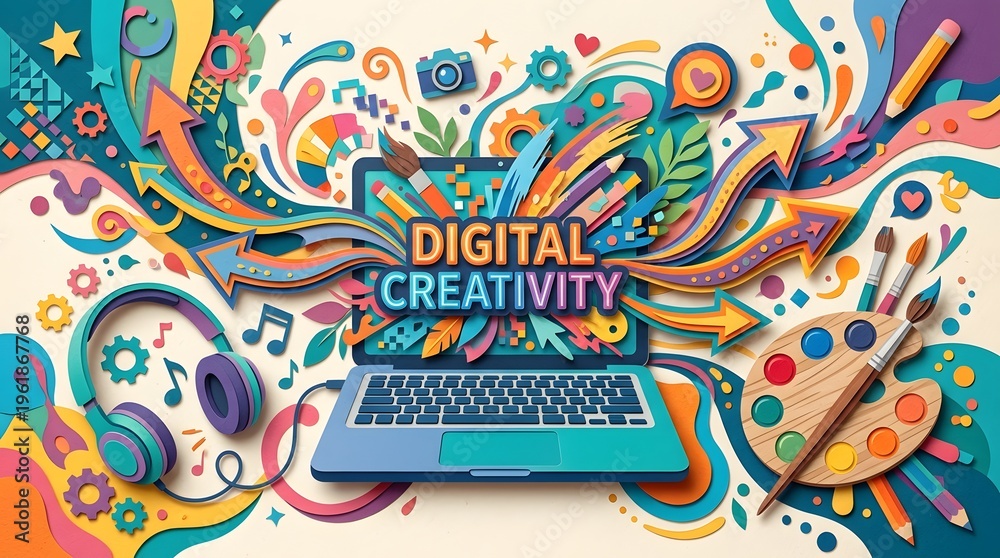 Fototapeta premium A vibrant digital art banner featuring a laptop surrounded by swirling lines, shapes, headphones, music notes, and paintbrushes on a colorful background