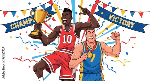 Champions Celebration Icon with Trophy, Medal, Victory Banner, and Athletes for Sports Achievement and Victory Design