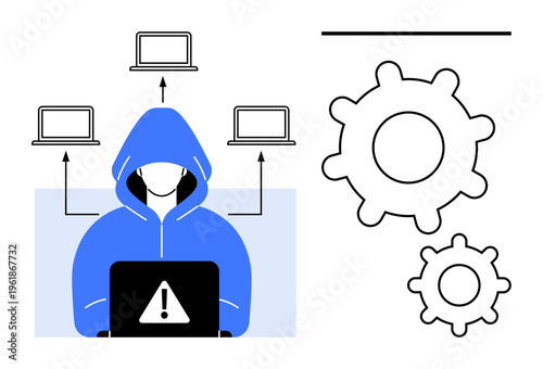 Cybersecurity, hacking threats, network protection, online safety, system vulnerabilities, digital crime. Hooded figure using a laptop with a danger warning symbol and gear icons. Cybersecurity