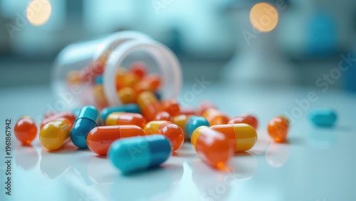 Colorful capsule pills spilling from glass bottle on white surface, sharp pill textures and reflections, bokeh clean lab background
