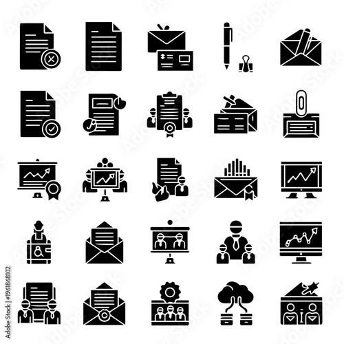 Diverse Glyph Icons Representing Business Operations, Office Administration, and Digital Communication
