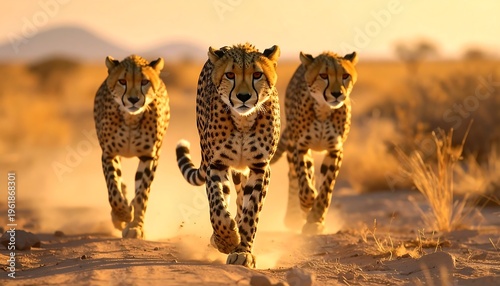 Three cheetahs running towards the camera in a desert