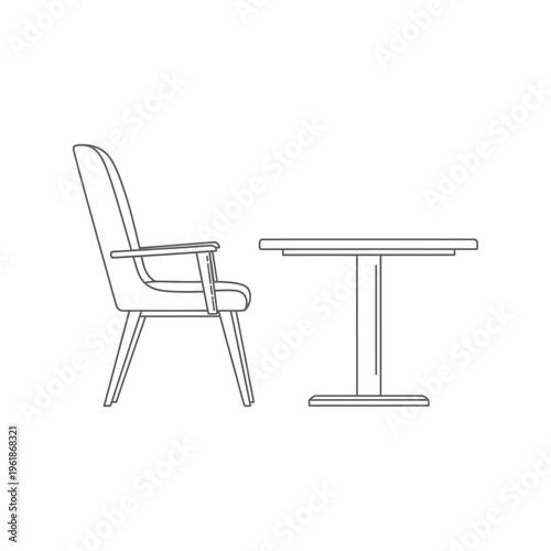 Minimalist Outline Illustration of a Modern Armchair and Square Table