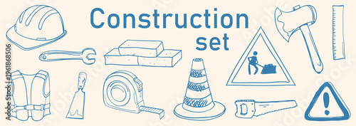 Hand drawn vector various Construction elements . line art set. Construction. Sketch art construction set. Construction elements design. Vector illustration