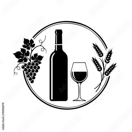 Black and white illustration of wine bottle, glass, grapes and wheat