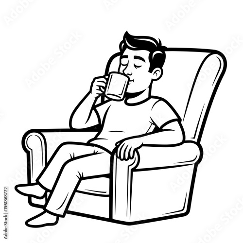 Man sitting in a comfortable armchair, enjoying a warm beverage, illustration in black and white