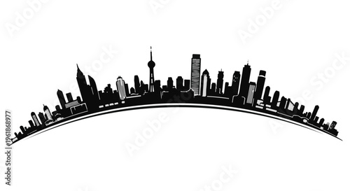 Modern city skyline silhouette against a bright white background