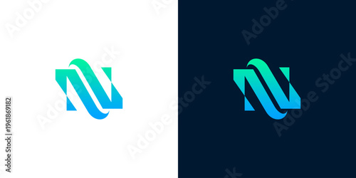 Modern abstract letter N logo design in a vibrant blue-green gradient, symbolizing technology, digital innovation, and connection. A sleek, dynamic graphic for contemporary branding