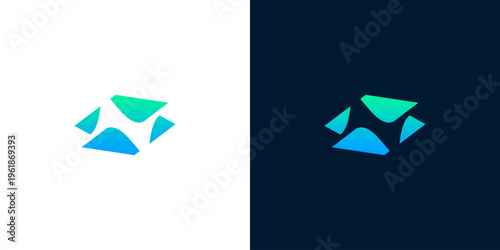 Dynamic abstract visual identity mark with interwoven geometric forms and a vibrant blue-green gradient, suitable for contemporary business and digital tech branding