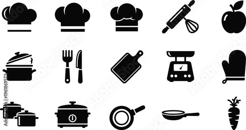 Kitchen cooking icons set, chef hat, utensils, pots, pans, apple, carrot, oven mitt, cutting board, kitchen scale, food vector illustration
