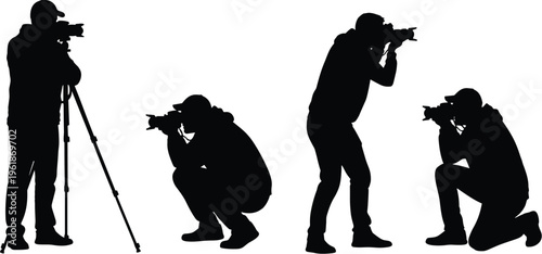 Photographer silhouette icons set, tripod, camera, squatting, kneeling, standing, photography poses, photo shoot, vector illustration, black graphic design