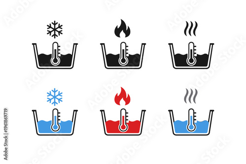 Set of icons illustrating different temperature indications cold snowflake, hot flame, and warm steam, applied to a thermometer in a liquid container
