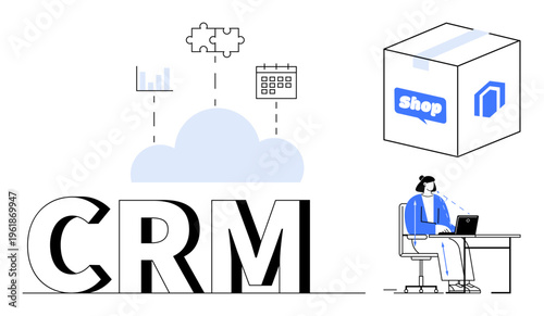 CRM concept. CRM tools integrating cloud storage, e-commerce workflows, and data visualization for customer relationship management. CRM fosters business organization, strategy, technology