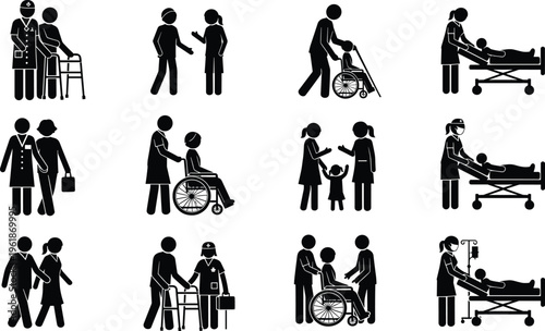 Black silhouette illustration of twelve healthcare and caregiving scenes featuring nurses, doctors, patients, wheelchairs, walkers, and medical assistance, symbolizing compassion and support.