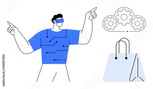 Technology integration, digital innovation, e-commerce, cloud computing, shopping automation, virtual experiences. Person wearing VR goggles points to concepts thumbs up cloud gear and a shopping