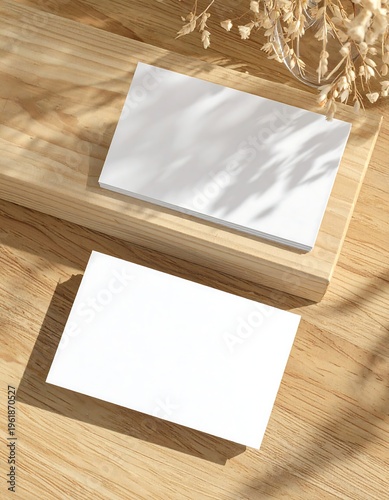 Two white cards on a wooden surface with shadows