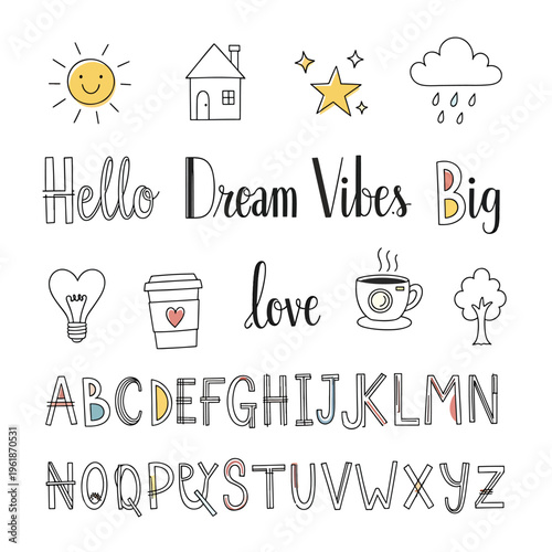 Vibrant illustrations of dreamy scenes with love, coffee, and sunny weather icons